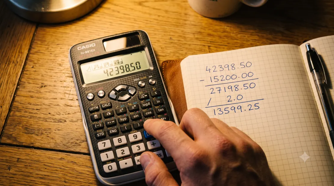 Calculator and notepad showing solar panel cost per watt calculations