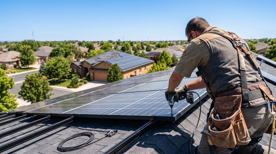 Solar installer mounting panels on a home roof