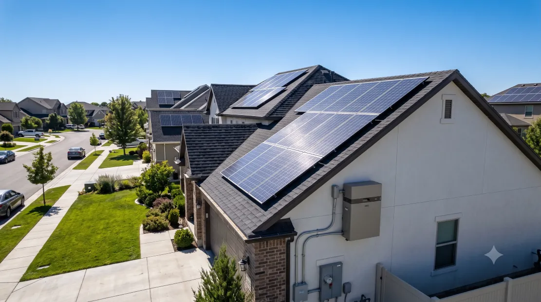 Solar panels on a home roof connected to a battery storage system