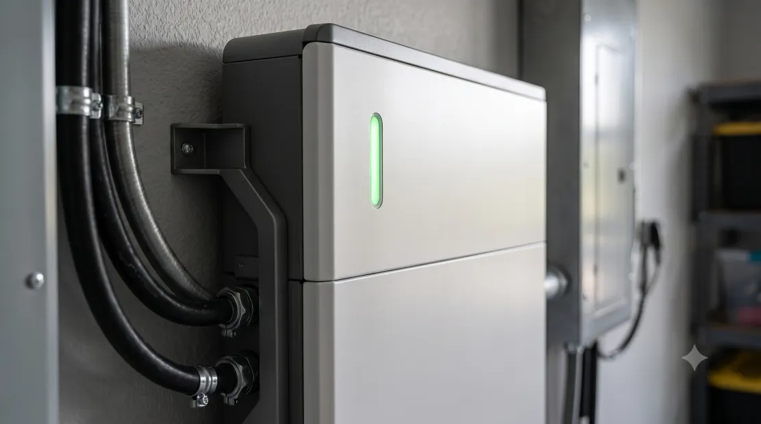 Close-up of the Tesla Powerwall 3 wall-mounted battery unit