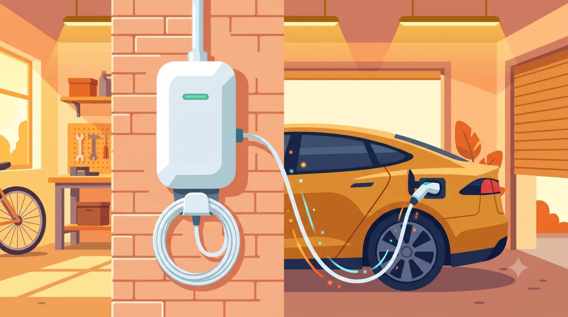 Tesla Wall Connector mounted on a wall with cable holster