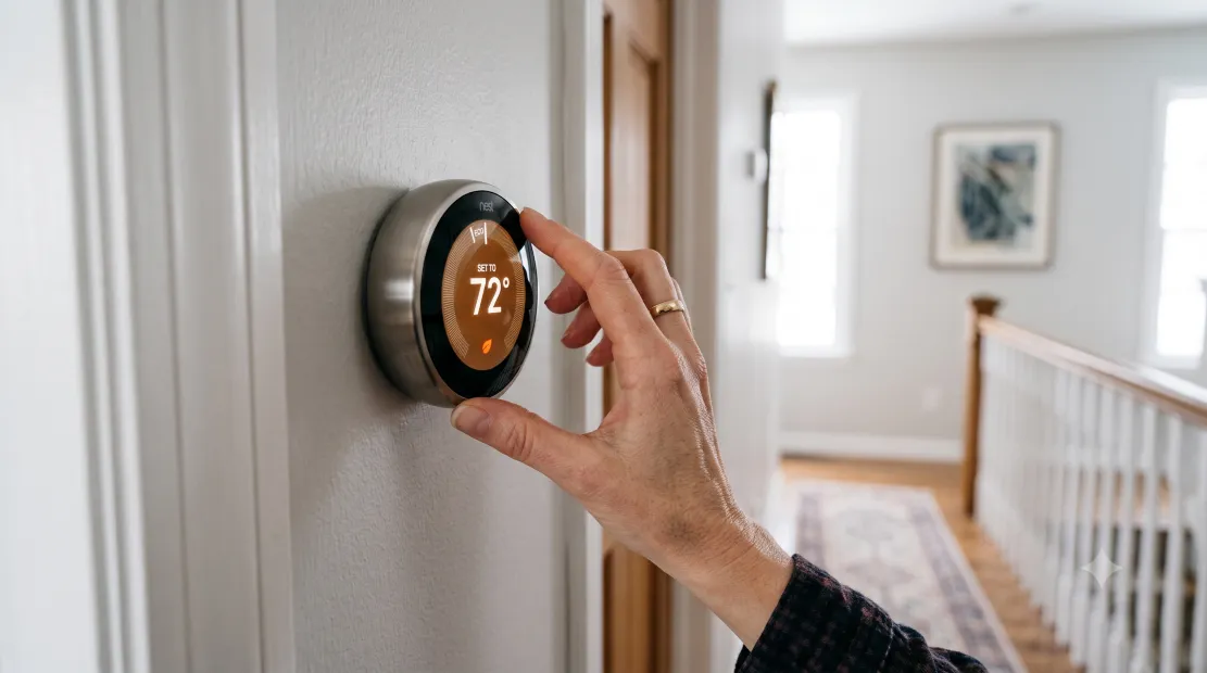 Hand adjusting a smart thermostat on a wall