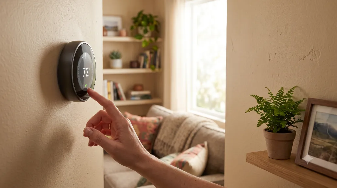 Homeowner adjusting a smart thermostat in a cozy living room