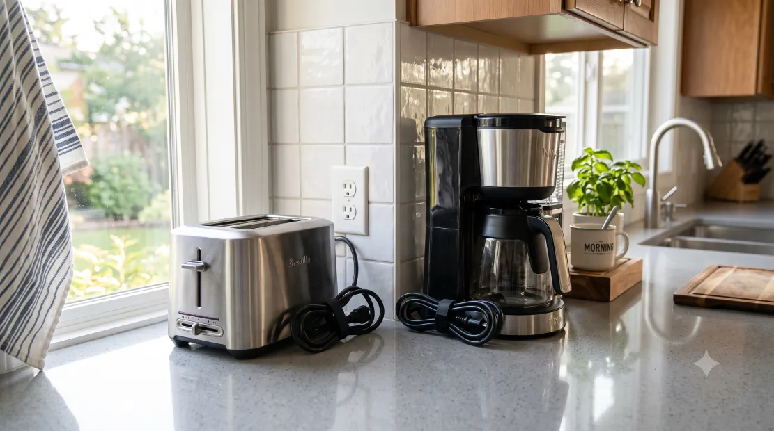 Unplugged small kitchen appliances on a countertop